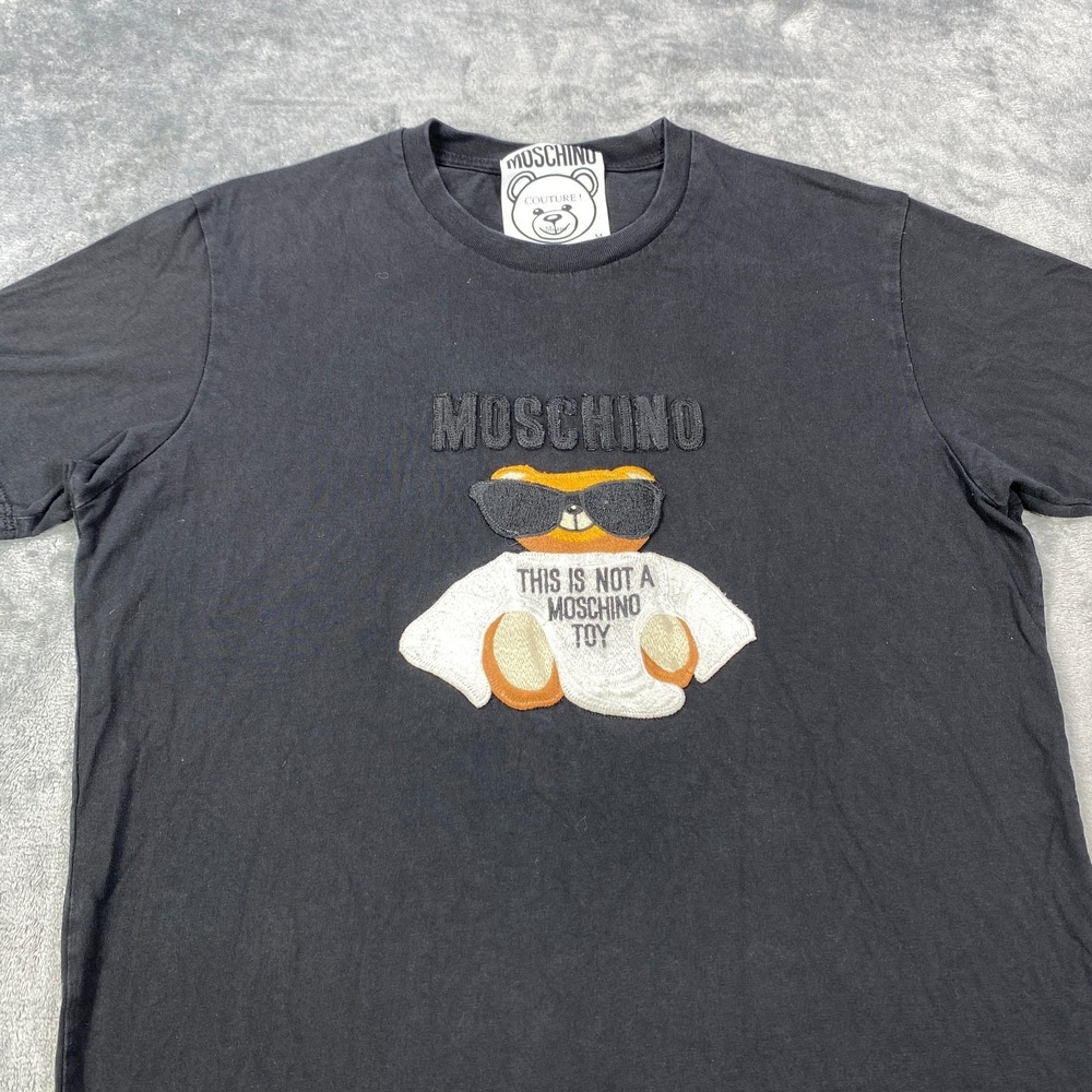 Moschino Couture Mens Shirt Medium Black 3D Embroidery Bear Shades Milano *Flaw